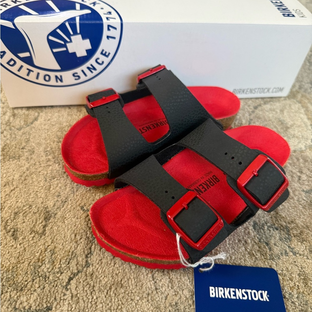 Birkenstock Kids Two-Strap Sandals — Black Straps with Red Footbed